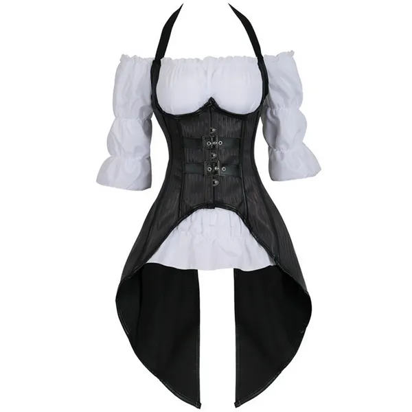 Bustiers Corsés Corset Top Blusa gótica blanca Traje de talla grande Colocación Tirantes largos a rayas Bustier Chaleco Dos piezas KorsettBustiers