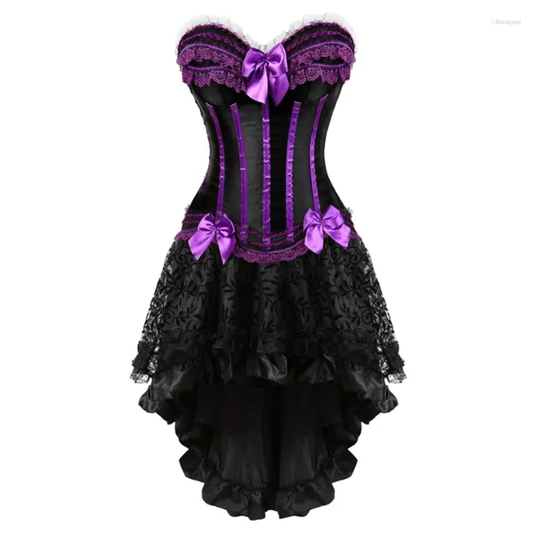 Bustiers Corsets Robe avec jupe Ensemble irrégulier Bow Satin Costumes Vintage Rayé À Lacets Corset Bustier Tops Réservoir Femmes Cosplay DressesB