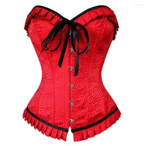 Bustiers corsés moda victoriana rojo Jacquard deshuesado encaje hasta la cintura Cincher Overbust corsé para mujeres plisado Trim Top