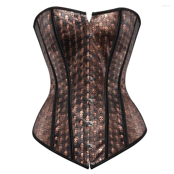 Bustiers Corsets Goth Top Steampunk Estampado de cráneo Ovebust Mujeres Sexy Faux Leather Lingerie Corselet Pirate Disfraz Brown
