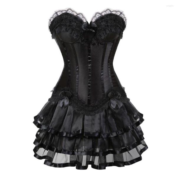 Bustiers Corsés Vestidos de corsé gótico para mujer Traje de burlesco negro Vestido de noche sin tirantes Vestido de fiesta Falda tutú con adornos de encaje Tallas grandes