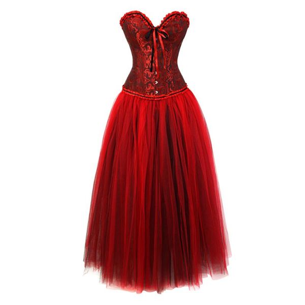 Bustiers Corsés Top de corsé gótico con falda larga burlesca Vestido de talla grande con corpiño por encima del pecho para mujer Vestidos de baile rojos victorianos