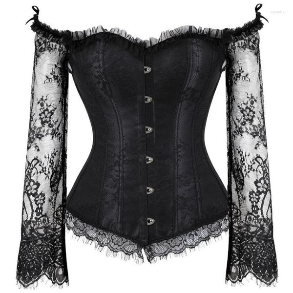 Bustiers Corsets Gothique Sexy Corset Dentelle Patchwork Manches Longues Hors Épaule Fête Vintage Halloween Costume 6XL Body Shaper Overbust