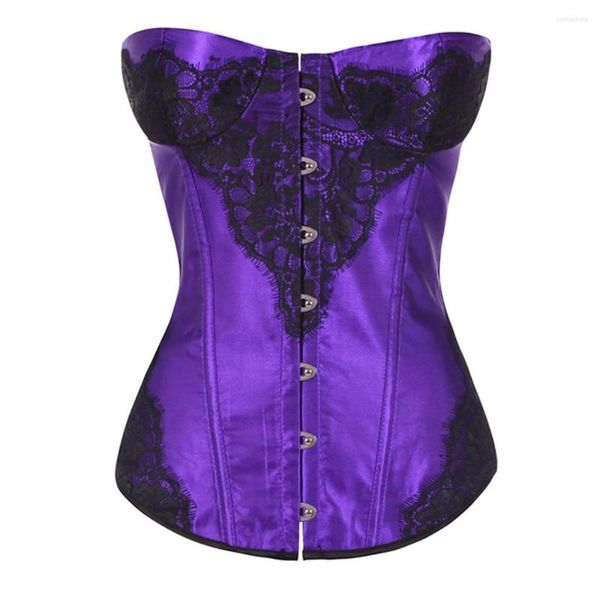 Bustiers Corsets Dentelle Appliques Corset Solide Satin Bustier Élastique Désossé Femmes Gorset Overbust Rouge Violet Vert Gris Corselet Sexy QZ0313