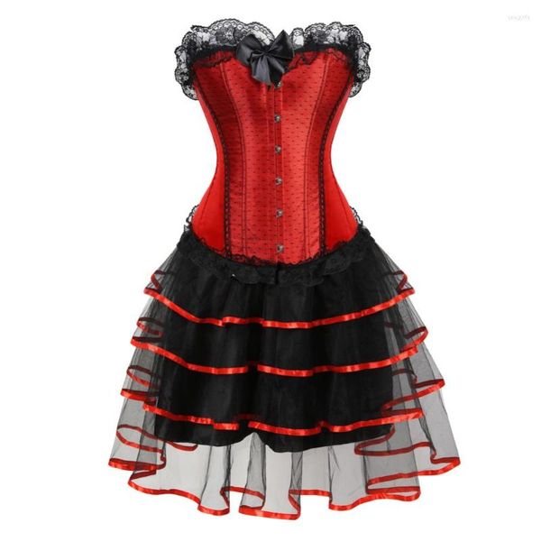 Bustiers Corsets Overbust Corset Robe À Lacets Désossé Jupe En Maille Rouge Sexy Showgirl Danse Gothique Robes Pour Femmes Plus La Taille