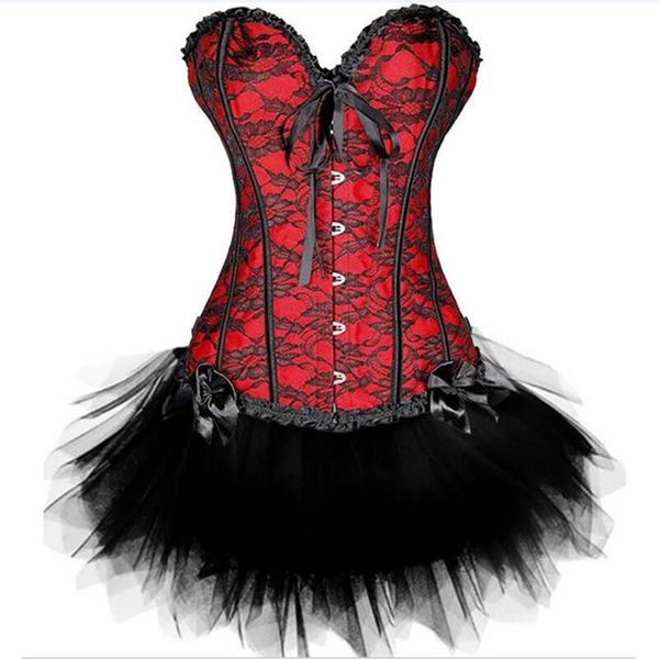 Bustiers Corsets Plus Size 6XL Sexy Gothic Satin Lace Corset Top G-string Falda Bustier Mini Tutu Vestido de novia Traje Lencería negraBusto