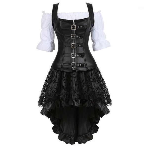 Bustiers Corsets Plus La Taille 6XL Robe Corset Steampunk Pour Femmes Trois Pièces En Cuir Avec Jupe Et Chemise Renaissance Costume De Pirate Gothique