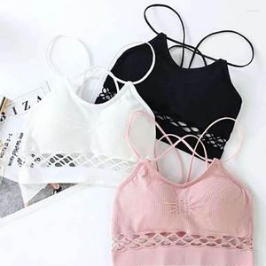 Bustiers espartilhos cor pura sutiãs femininos sem costura sexy camisola 1 pçs feminino fitness topo oco para fora cinta cruzada náilon