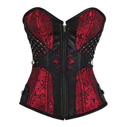 Rouge Mesh Sexy Femmes Steampunk Bustier Gothique Plus La Taille Fermeture Éclair Bustier À Lacets Désossé Overbust Corsage Taille Formateur Corset S-6XL