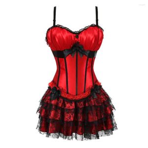 Bustiers Corsets Bande Rouge Corset Et Dentelle Mini Jupe Courte Bretelles Avec Coupe Lingerie Showgirl Robe De Danse S-2XL