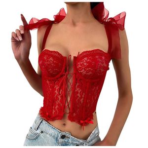 Bustiers Corsets Sexy en dentelle florale pour femmes, hauts tubulaires en maille avec nœud papillon, soutien-gorge à bretelles, Camis d'été pour fête en boîte de nuit, Streetwear Y2k