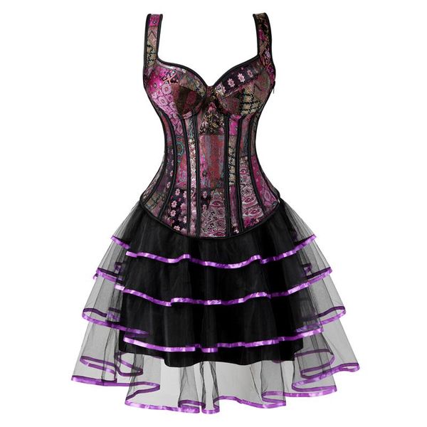 Bustiers Corsets Sexy Gothique Sangle Corset Robe Overbust Pour Femmes Jupe Ensemble Fermeture Éclair Jacquard Burlesque Vintage Violet 6XL