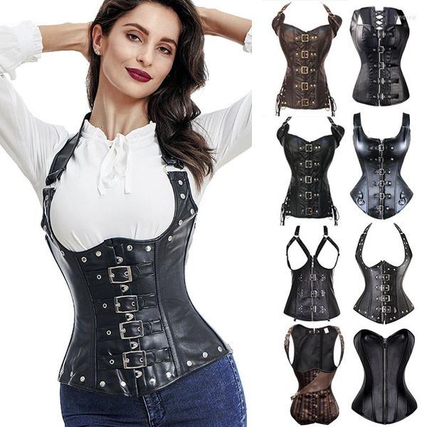 Bustiers Corsets Sexy En Cuir Bustier Steampunk Corset Acier Désossé Corselet Overbust À Lacets Femmes Gilet Serre-Taille Noir Plus La Taille 6XL