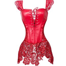 Bustiers Corsés Mujeres sexy Corsé gótico Bustier Vestido Faux Leahter Correa de encaje Cintura Cincher Steampunk Shaper Ropa interior Lencería Red Plus