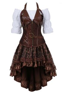 Bustiers Corsets Corsé Steampunk Falda burlesca con blusa renacentista blanca Top corto de cuero sintético gótico Disfraz de moza pirata de 3 piezas