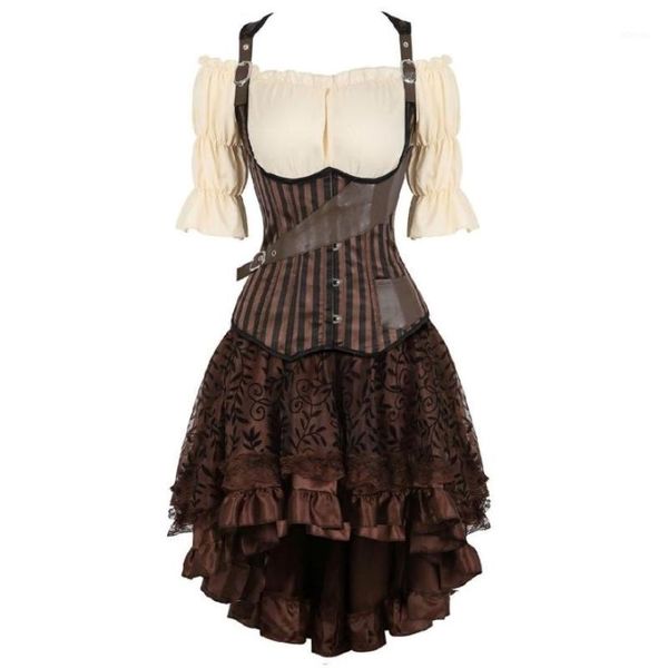 Bustiers Corsets Steampunk Corset Robe Renaissance Blouse Gothic Vintage Cuir Vintage Cuir Floral Dentelle Ensembles Costume de Cosplay 3 pièces