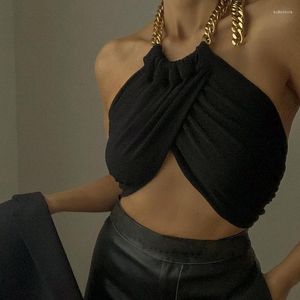 Bustiers corsés moda de verano para mujer, Tops cortos elegantes con cadena Halter para mujer, Top cruzado negro con espalda descubierta para mujer, ropa de calle 2023