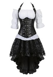 Bustiers korsetten driedelige off-schouder mode vergrendeling sluiting Steampunk kostuums Medieval Corset Dress Pirate Lingerie Rok setsbusti