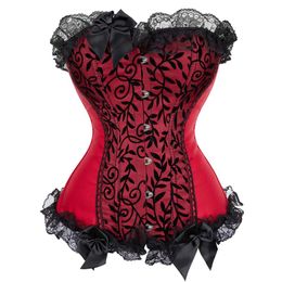 Bustiers Corsets Vintage Lace Trim Corset Top para mujeres Sexy Victorian Satin Overbust Lingerie Body Shaper Plus Size S-6XLBustiers