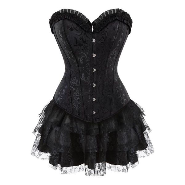 Corsés Bustiers para mujer, vestido con corsé, Top con cordones, disfraz gótico victoriano de Lolita, corpiño Vintage, faldas deshuesadas de acero, conjunto negro