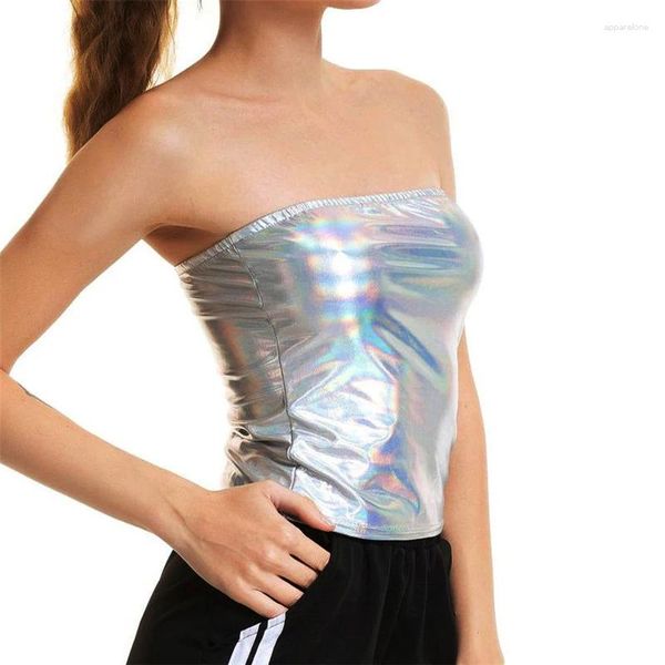 Bustiers Corsés para mujer, camisetas sin mangas de tubo metálicas líquidas sin tirantes, ropa sexi Bandeau para discoteca, Top de fiesta de cuero holográfico Wetlook 2024