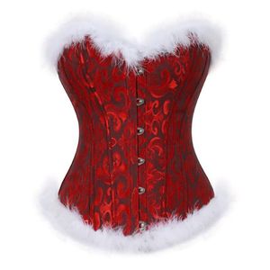 Bustiers Corsets Costume de Père Noël pour Femme Corset Sexy Bustier Lingerie Top Plumes Blanches Corselet Overbust Rouge Burlesque Shapewear