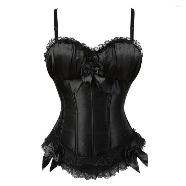 Bustiers Corsets Mujeres Sexy Satin Straps Corset Cup Stripe Overbust con encaje Trim Showgirl Lencería