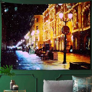 Ville animée tapisserie Happy Festival arbre de Noël scène de nuit psychédélique tenture murale maison salon décor J220804