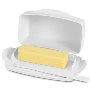 Beurrier avec couvercle de comptoir, récipient à beurre en plastique durable avec couteau à tartiner, jolie poignée et couvercle rabattable pour un accès facile, fond antidérapant