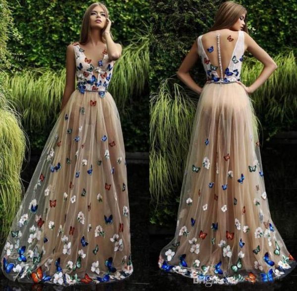 Vestidos de fiesta de mariposas y flores 2019 Vestidos de noche largos sin mangas con cuello transparente Botones cubiertos en la espalda Vestido de fiesta formal árabe Cus8017832