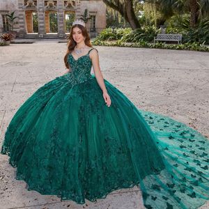 Butterfly Appliques Ball Gown Quinceanera Dresses Cape Bead Sweet 16 Dress Corset Sweep Train Tulle Masquerade Gowns