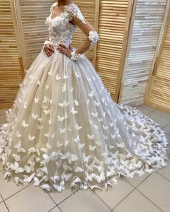 Vlinder Applicaties Baljurk Trouwjurken met Illusie Lange Mouwen Bruidsjurken Kant Handgemaakte Bloemen Bridal Jurk Vestidos