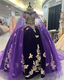 Appliques papillon hors de l'épaule violet Veet Quinceanera robes avec Cape robe de bal robe 18Th anniversaire débuts 322 322