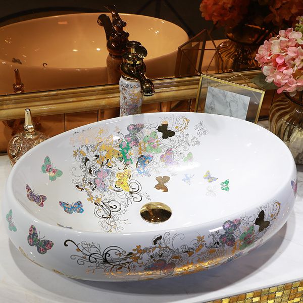 Mariposa del arte Lavabo de cerámica encimera Lavabo Aseo de pintado a mano del fregadero del recipiente baño lavabos de baño recipiente de porcelana