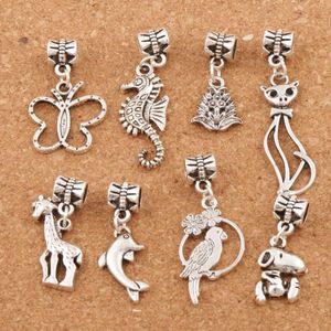 Mariposa pájaro jirafa Gato Cuelga Aleación Agujero grande Granos sueltos Plata tibetana Ajuste Europeo Charm Pulsera Joyería BM30 LZsilver 100pcs / lot