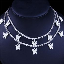 Papillon Colliers Ras Du Cou Or Argent 2 Couches Designer Animal Pendentif Glacé Chaîne De Mode Strass Hip Hop Bling Bijoux Wo307z