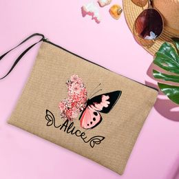 Papillon nom personnalisé pochettes pour femmes trousse de maquillage en lin pochettes de voyage personnalisées lunettes de soleil de plage protection solaire cadeaux de stockage