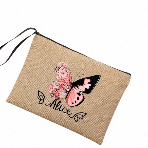 Papillon Nom personnalisé Pochettes pour femmes Sac de maquillage en lin Sacs d'embrayage de voyage persalisés Lunettes de soleil de plage Cadeaux de stockage de crème solaire 88Bi #