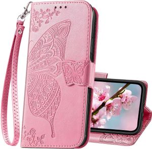 Butterfly in reliëf Pu lederen KANTSTAND KAART HOUDER SLOTS POLSREP THUSE THUSLET Wallet Case voor iPhone 15 14 13 12 11 Pro Max Samsung S23 Ultra Fe A14 A24 A34 A54 A04E