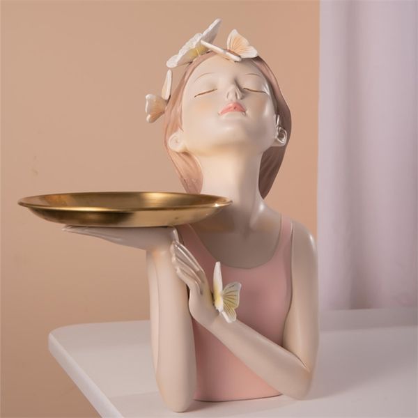 Figuras de hadas y mariposas, figuritas de niña, estatuas de mesa de resina, personajes creativos con bandeja de Metal dorado, regalos de decoración del hogar 210811