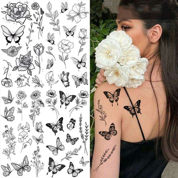 Butterfly Fake For Woman Black Flower Sketch Sticker Rose Blossom Tattoo temporal impermeable 20pc