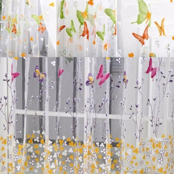 Butterfly Floral Print Window Curtain Gauze Salon Room de chambre à coucher Drape à la maison décor