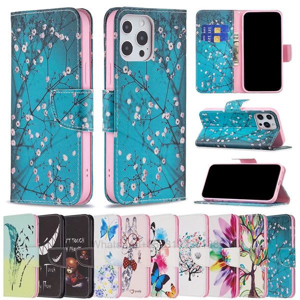 Papillon Fleur Animal Portefeuille En Cuir Cas Pour Iphone 13 Pro Max Mini Samsung M32 A03S A82 A22 5G Éléphant Panda Fleur Ours Licorne