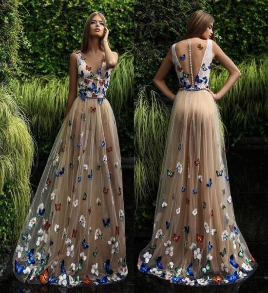 Vestidos de noche aplicados de flores de mariposa Sheer Cuello sin mangas Long Vestido de graduación