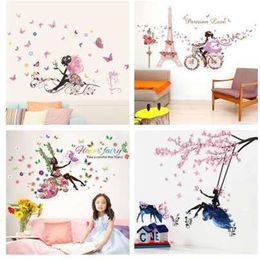 Pegatinas de pared de hada y flores de mariposa para decoración de dormitorio de habitaciones de niños, calcomanías de pared de dibujos animados artesanales, arte mural, carteles de PVC, Gi229o para niños