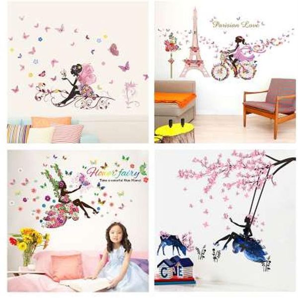 Autocollants muraux féeriques de fleurs et de papillons, pour chambres d'enfants, décoration de chambre à coucher, sparadrap muraux de dessin animé, affiches murales en PVC pour enfants, Gi292n