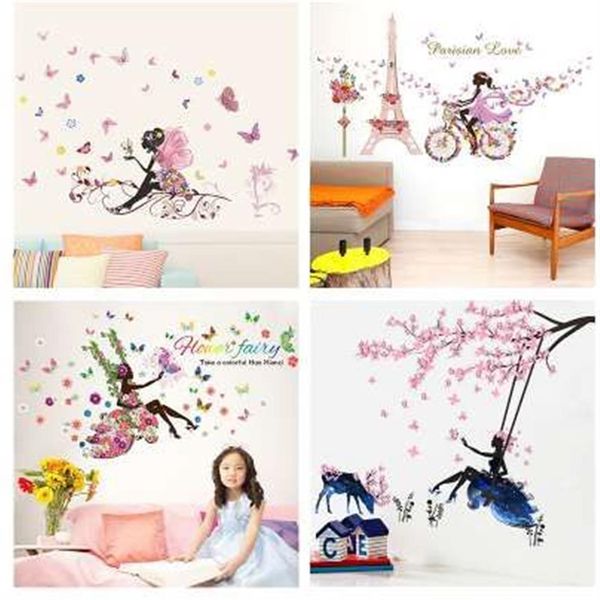 Autocollants muraux féeriques de fleurs et de papillons, pour chambres d'enfants, décoration de chambre à coucher, sparadrap muraux de dessin animé, affiches murales en PVC pour enfants, Gi229o