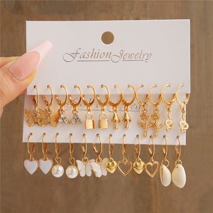 Butterfly hart oorbellen Set gouden kleur drop -oorbellen voor vrouwen vintage metaal gesimuleerde parel oorrang trendy mode joodly