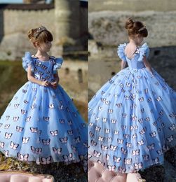 Mariposa Azul hielo Vestidos para niñas de flores 2019 Volantes Mangas Joya Cuello Ballgown Niña Cumpleaños Vestido de fiesta formal Princesa inspirada