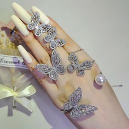 Ensemble de bijoux papillon en Zircon, or blanc rempli, bagues de mariage, boucles d'oreilles, collier, bracelet pour femmes, bijoux de mariée